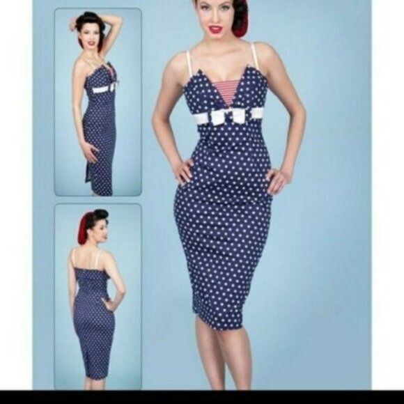 Tatyana Navigator Pin Up Blue Polkadot Wiggle Dress Size Large - Picture 1 of 6
